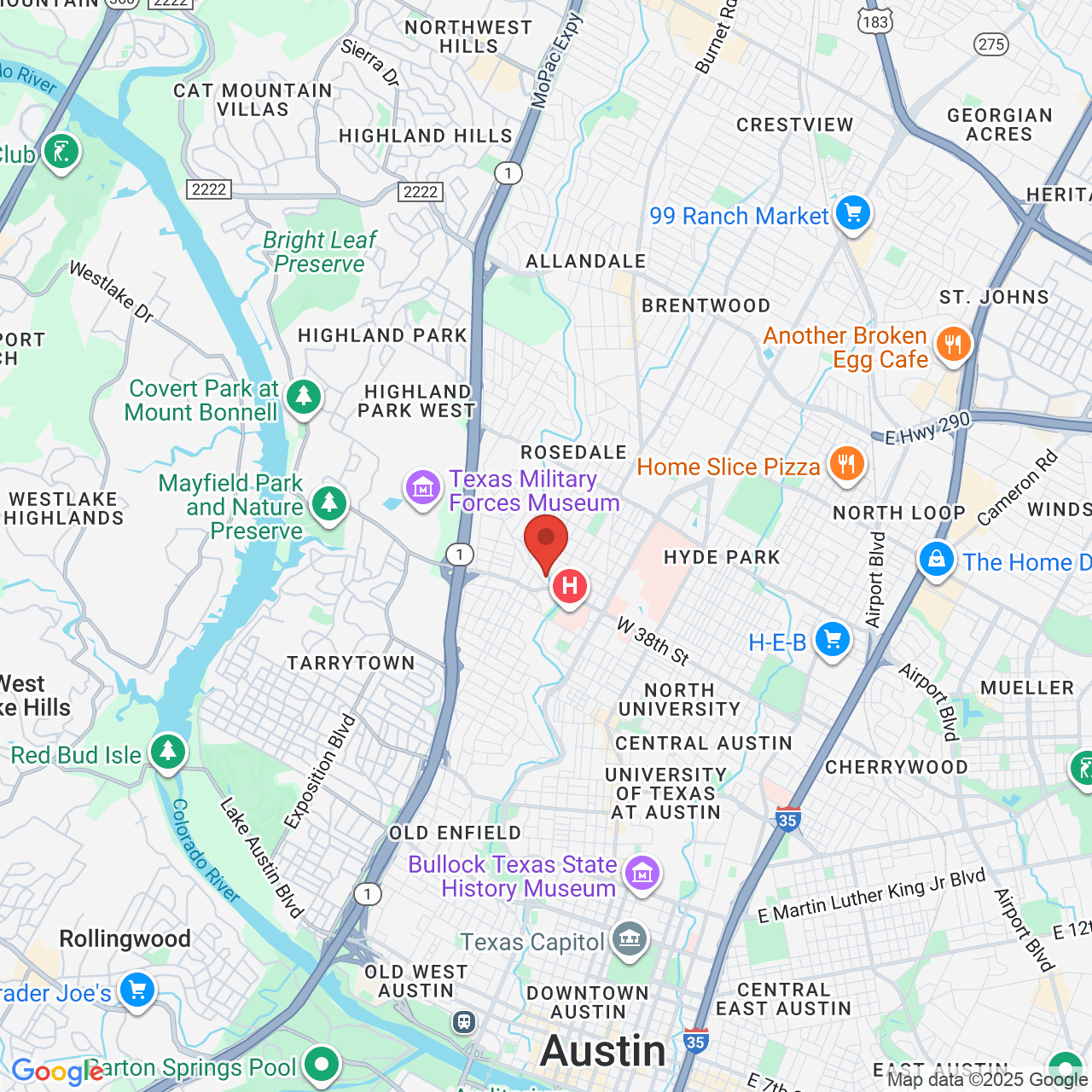 Google map image of our location in 1500 W 38th St Austin, TX